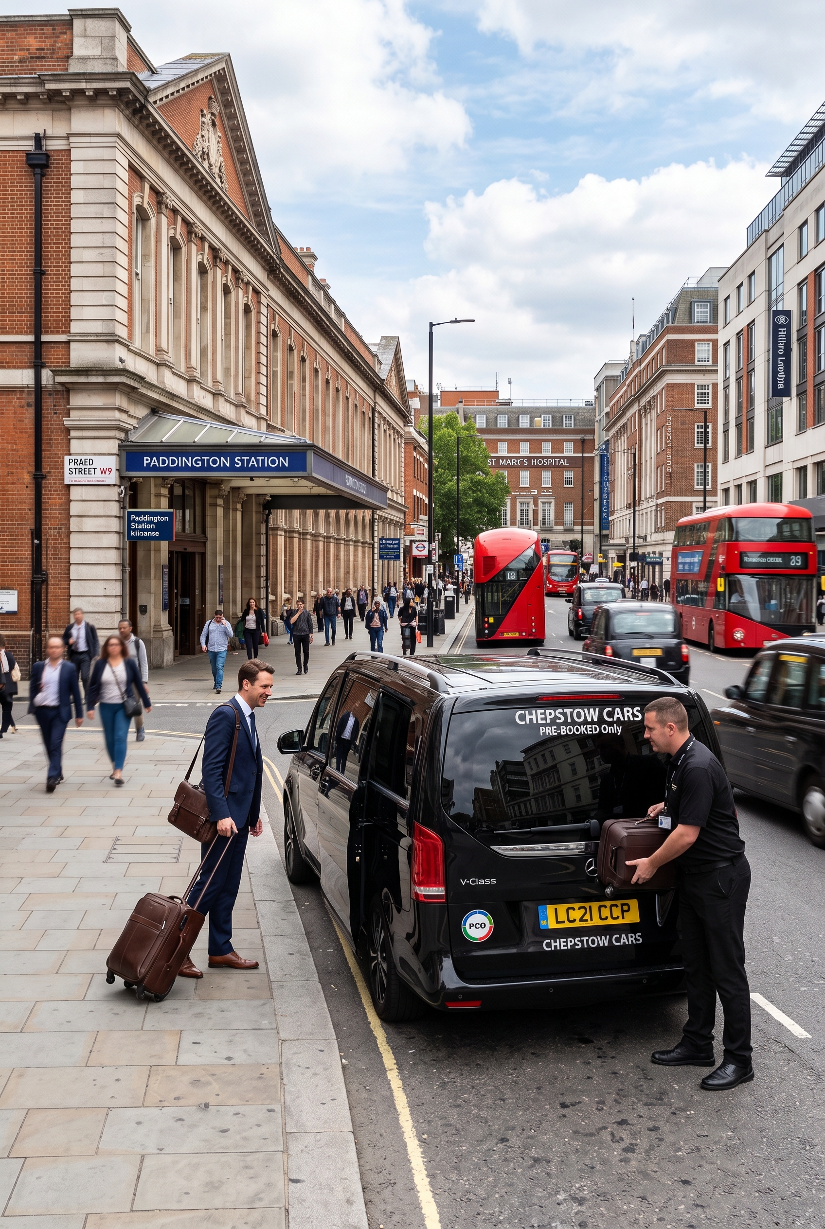 Minicab collecting a passenger with luggage