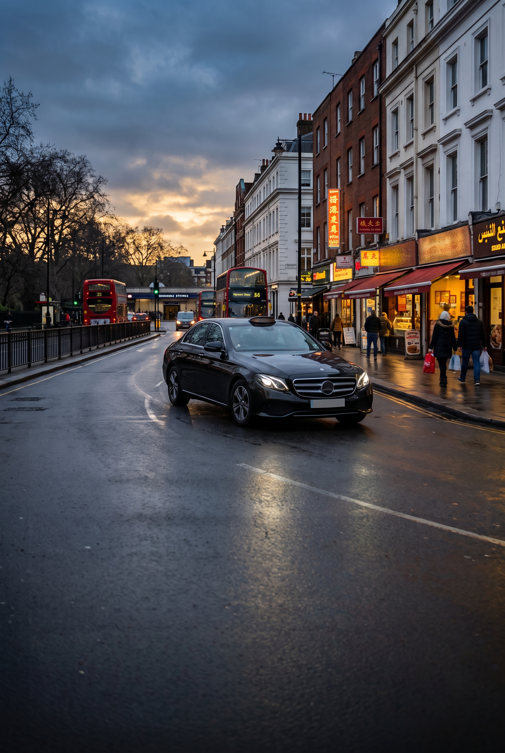 Minicab on a London street in the evening