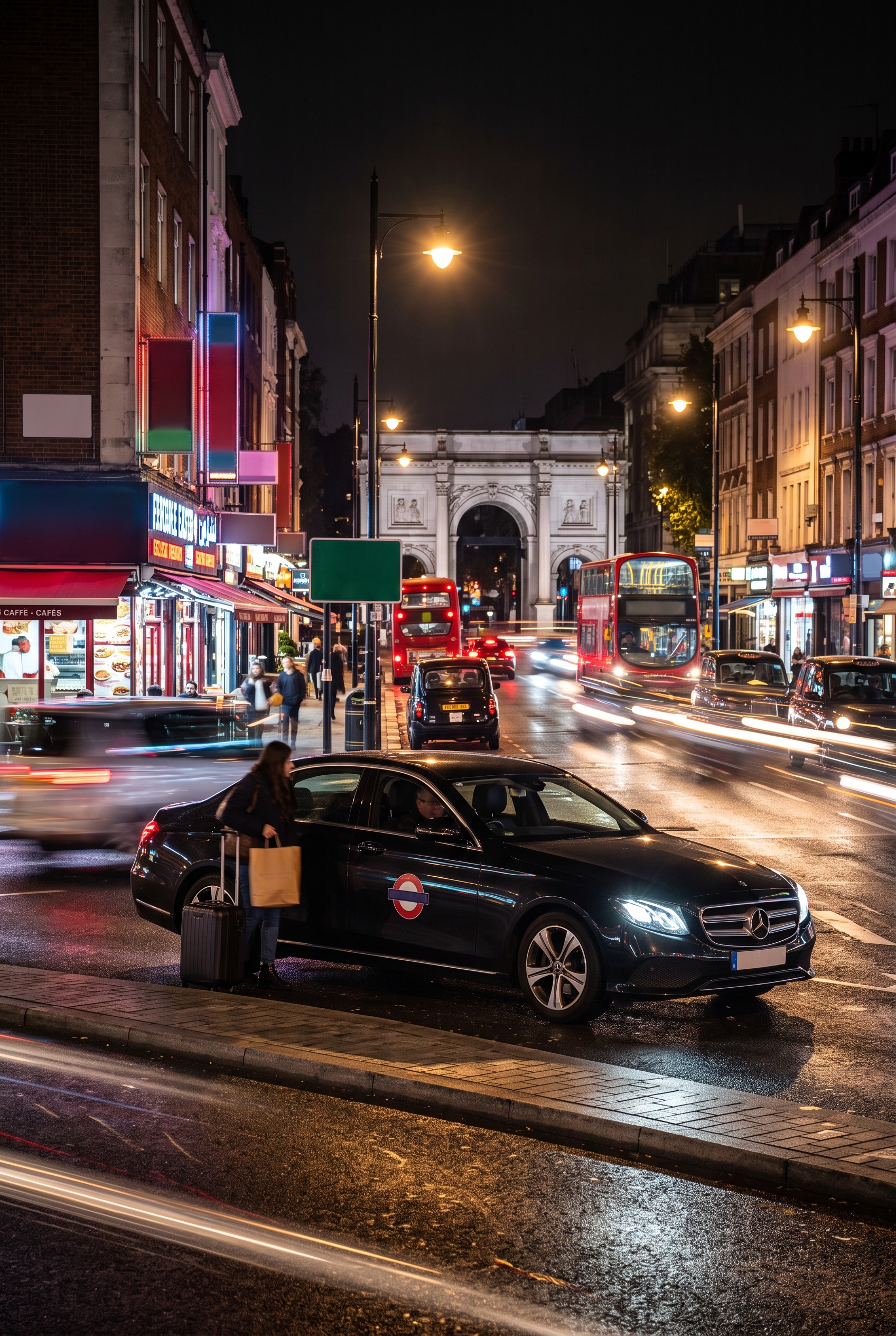 Private hire vehicle collecting a passenger with luggage at night