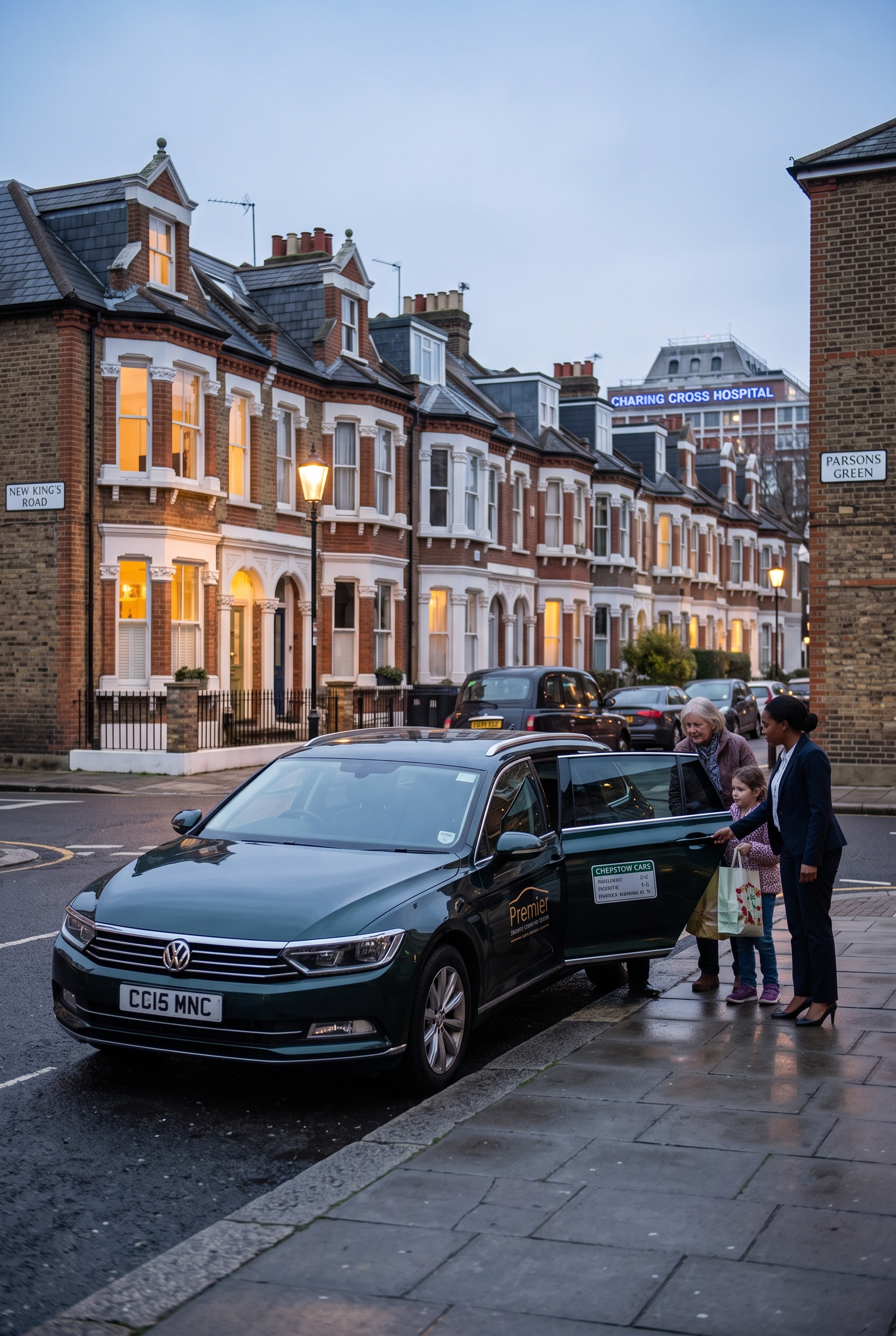 Private hire vehicle collecting a family on a residential street