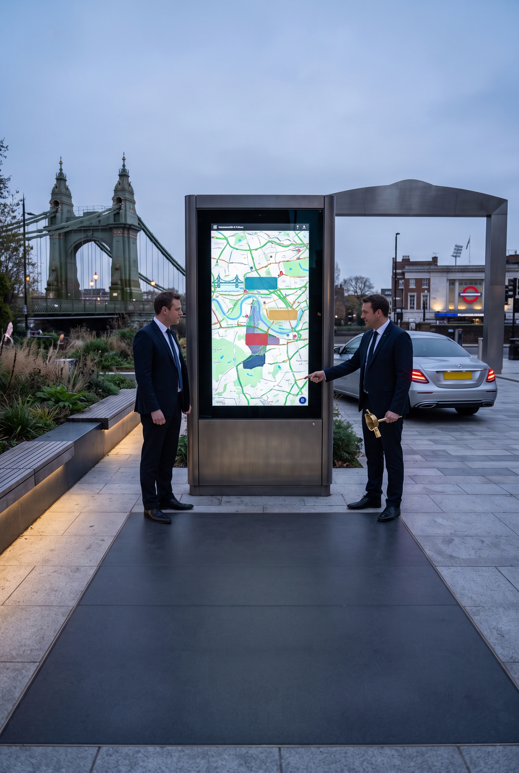 Passengers using a digital map near a private hire vehicle