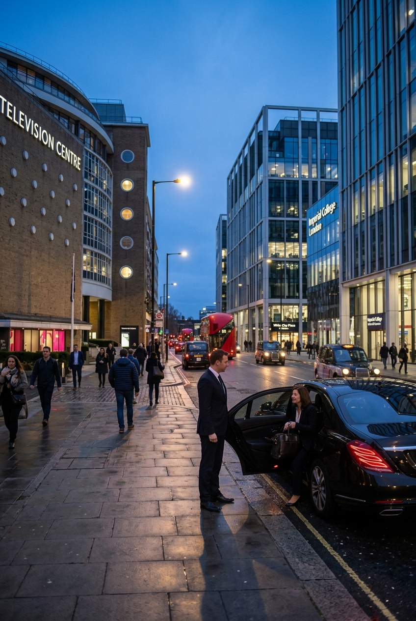 Chauffeur assisting a passenger on a city street at dusk