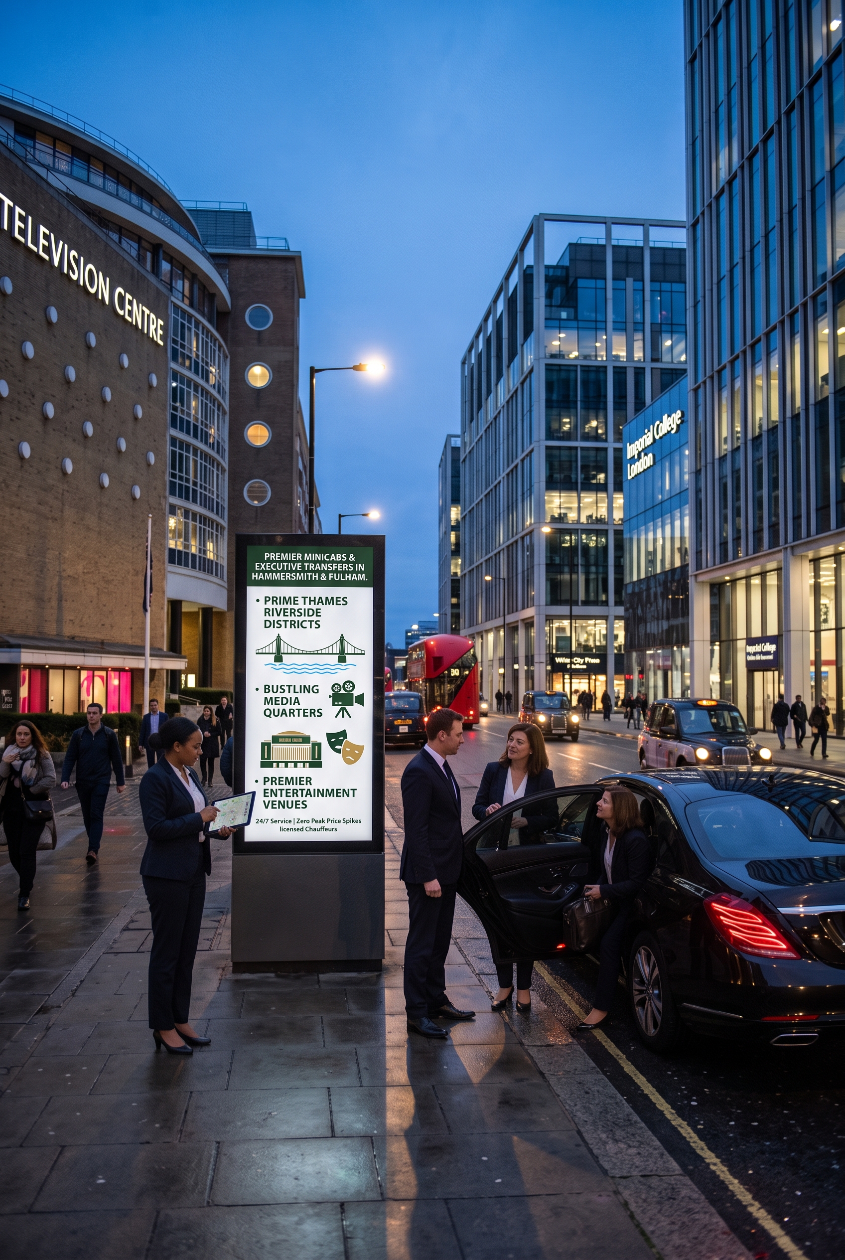 Passengers boarding a private hire vehicle near an information sign