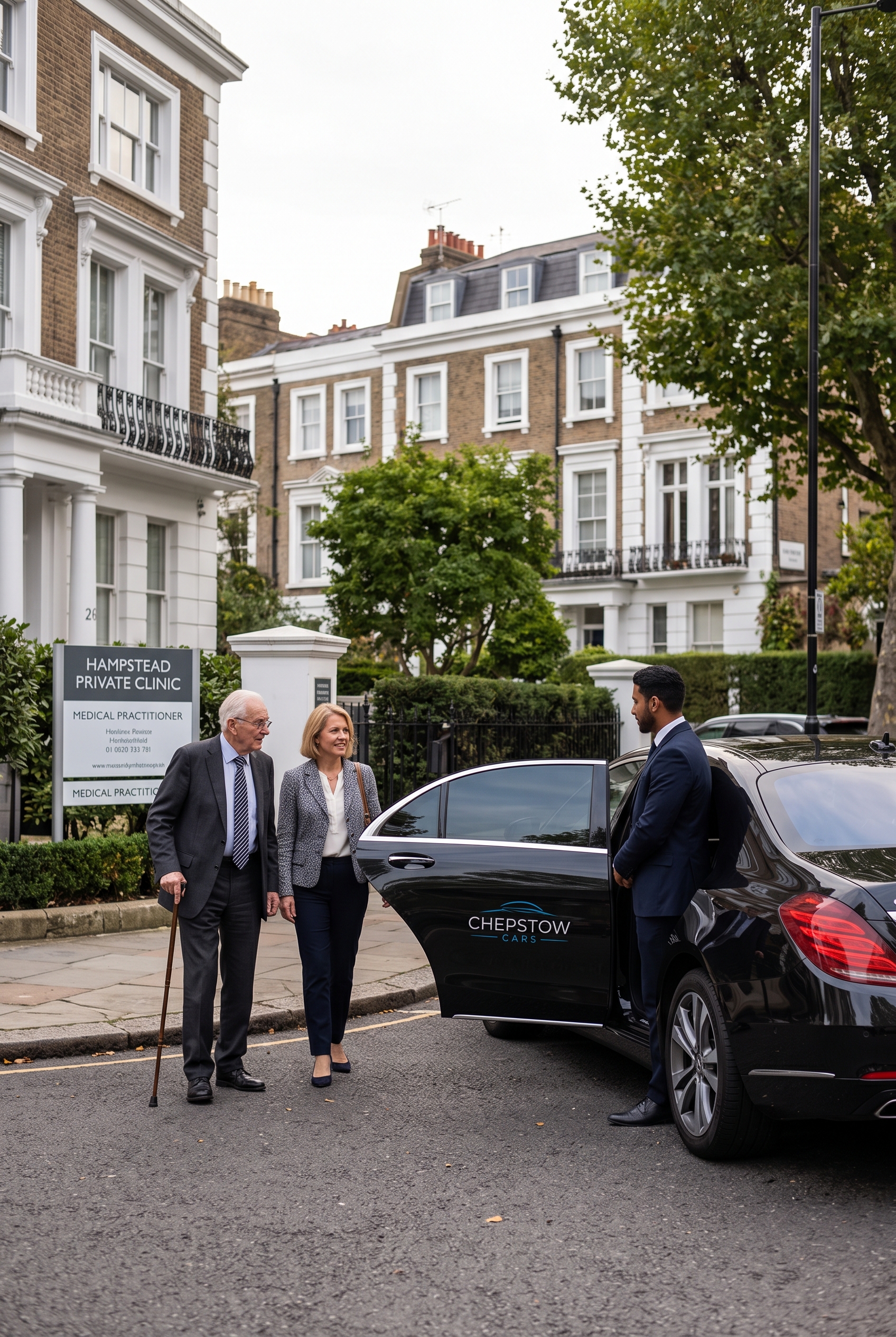 Chauffeur assisting passengers outside a building