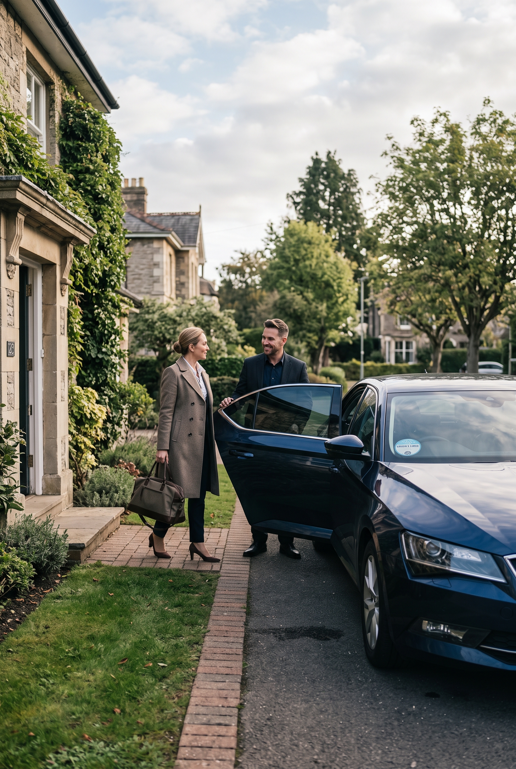 Chauffeur opening the car door for a passenger at a private residence
