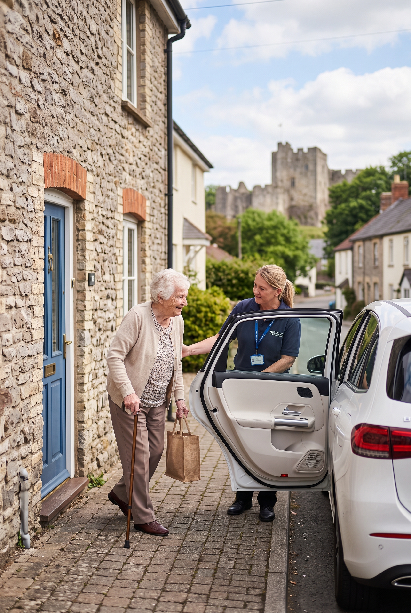 Driver helping a passenger to her front door