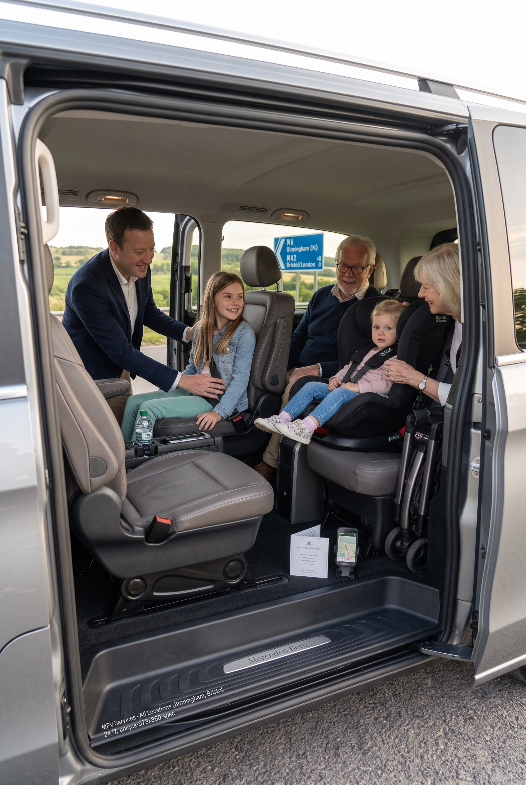 Extended family seated in an MPV for a group journey