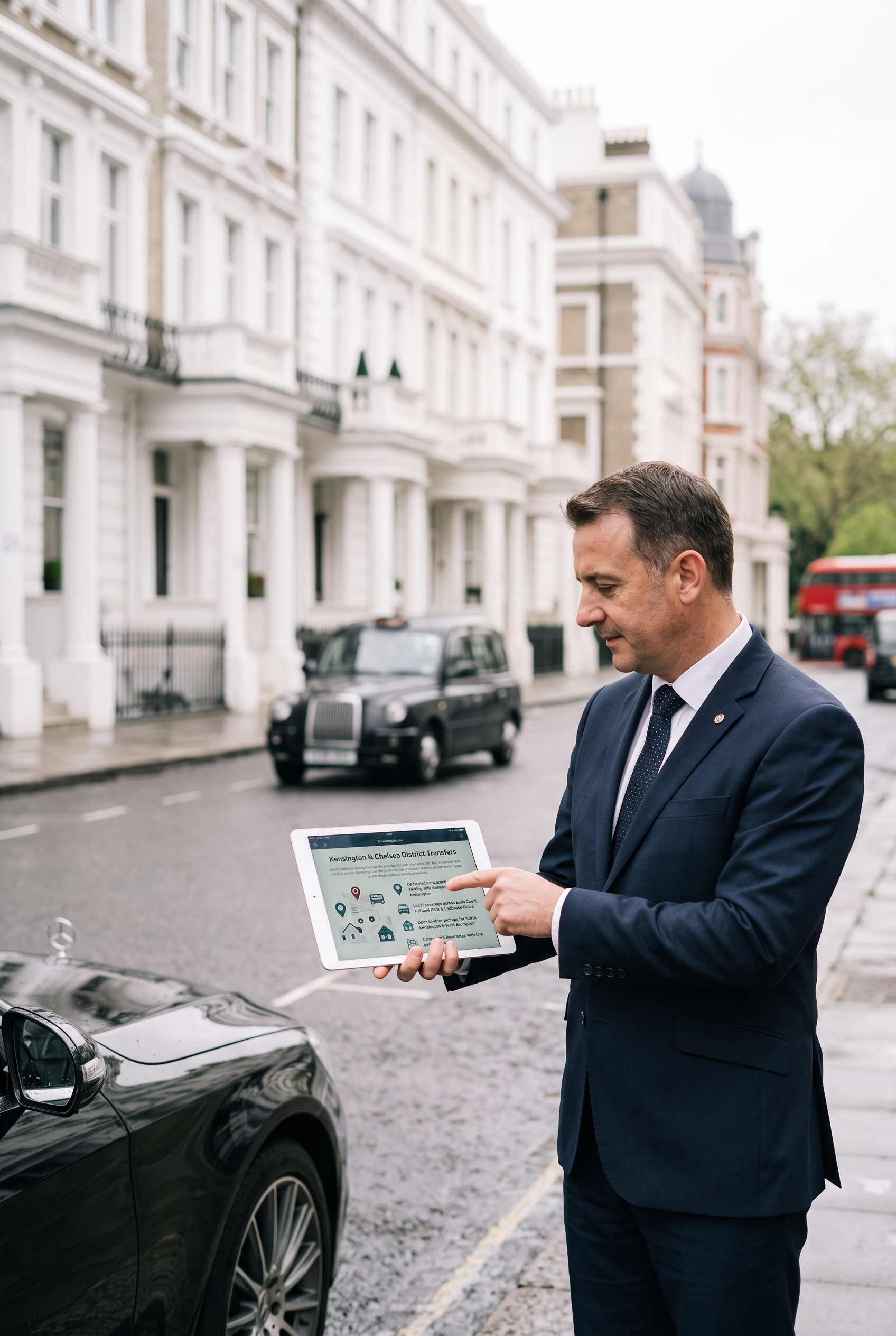Driver checking journey details for a Kensington pickup