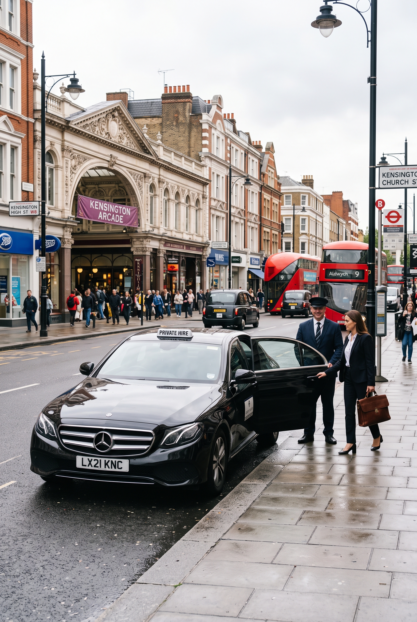 Executive minicab waiting on Kensington High Street