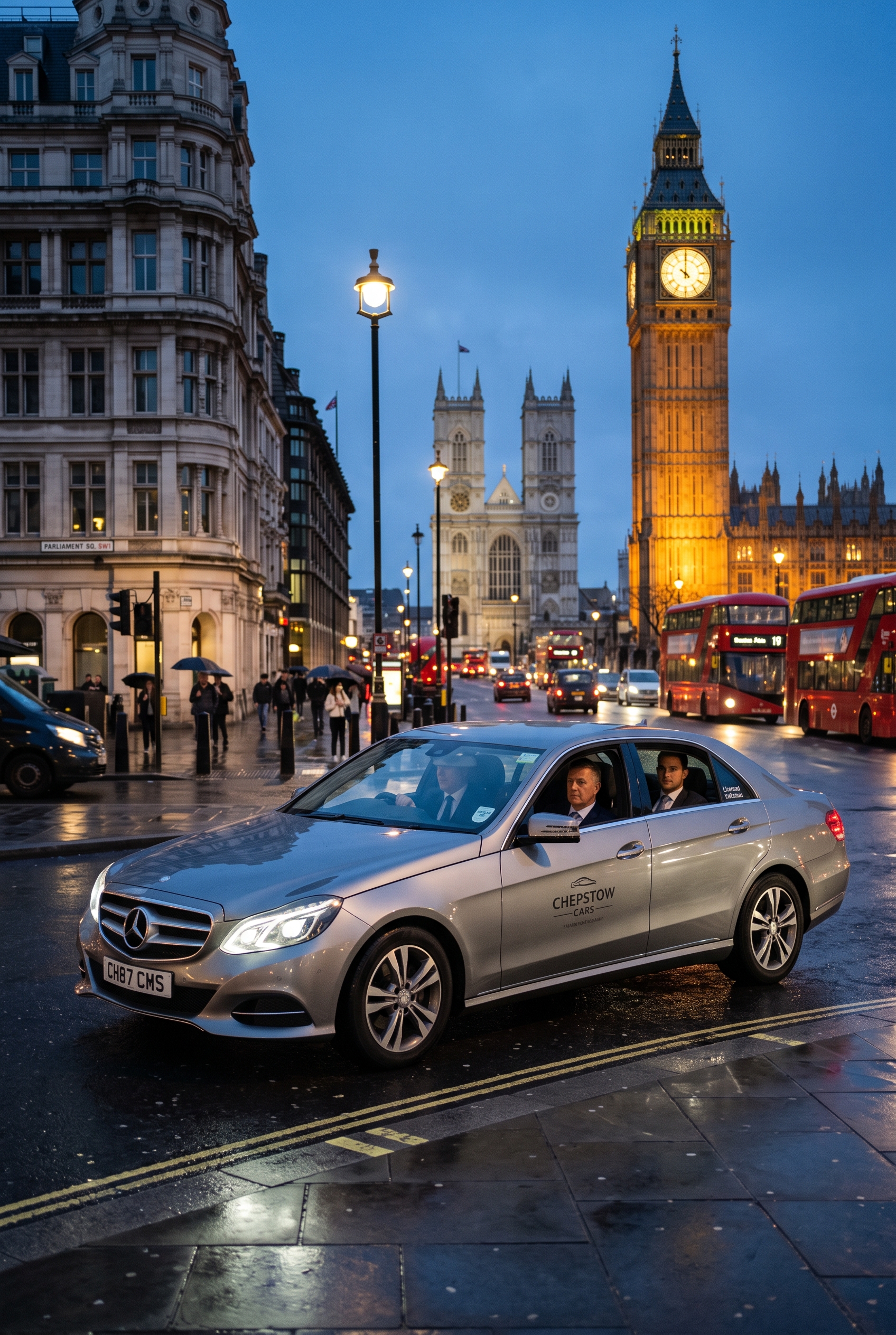 Chepstow Cars vehicle travelling through London at dusk