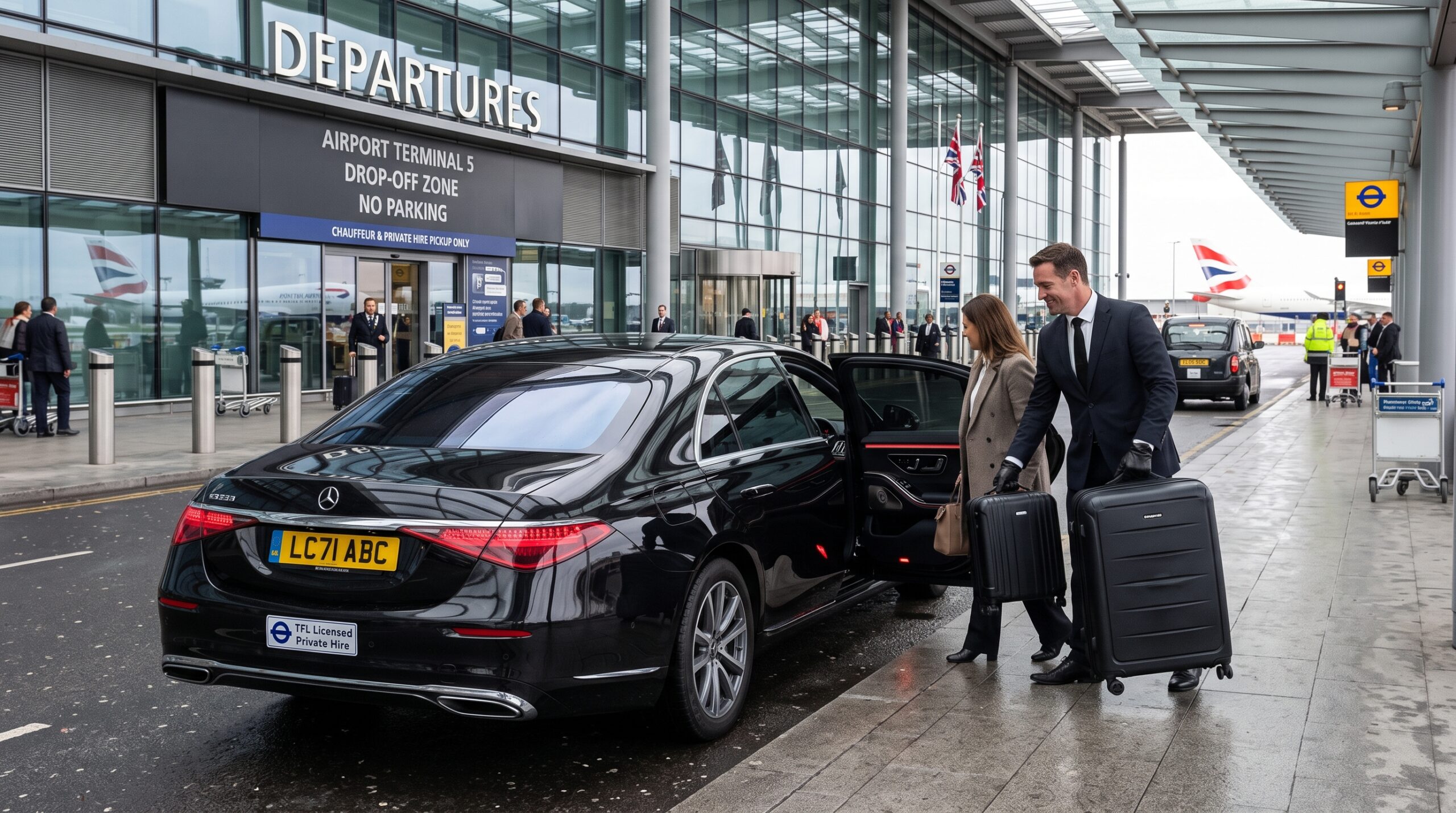 Chauffeur loading luggage at Heathrow Terminal 5 departures