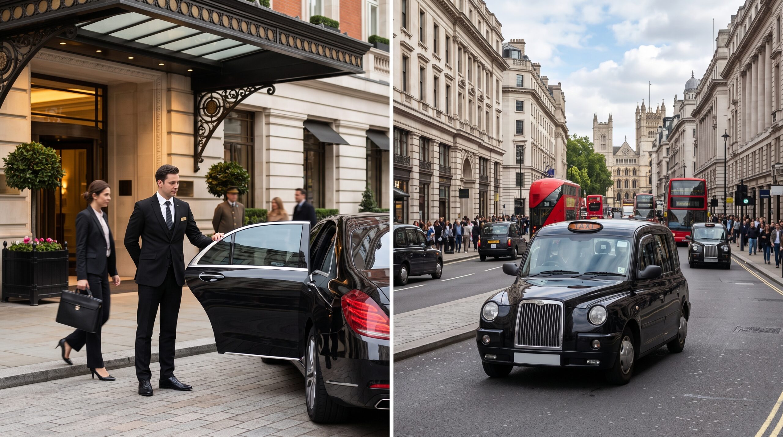 Split image comparing a chauffeur at a hotel entrance with a black cab on a London street